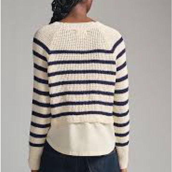 Maeve by Anthropologie Black and Cream Striped Sweater with Button Down Hem - Picture 2 of 5